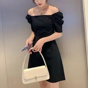 기장 반팔원피스 오프숄더 여자 퍼프소매 미니 블랙