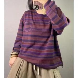 여사친 가을 빈티지 캐주얼 맨투맨 스트라이프 포켓 슬림핏 긴팔 상의 OP3