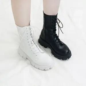 [디아]츄비 레이스업 통굽 키높이 롱 워커 부츠 5cm