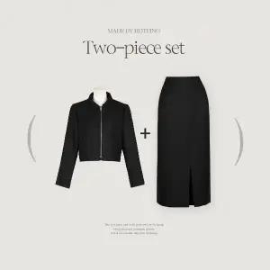 핫핑 [스테디셀러] 페빗 트위드 카라넥 투포켓 집업 자켓+트임 롱 스커트 투피스set