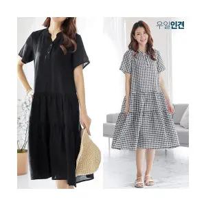 캉캉 반팔 헨리넥 롱 원피스 A라인 데일리 인견 체크 단색 원피스