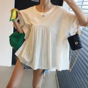 물결 A라인 루즈핏 플리츠 주름 나팔소매 레이어드 무지 라운드 블라우스 반팔티셔츠 (2color)