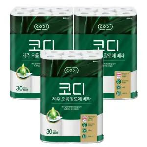 [코디] 제주 오름 알로에베라 화장지 30m*30롤 3팩(천연펄프, 무형광, 로션)