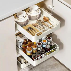 MSL 무타공 슬라이딩 주방 선반 싱크대 하부장 양념통 정리 수납 레일 선반