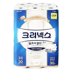 크리넥스 울트라클린 화장지 30롤 3겹 30m 화이트비데 물에잘녹는 두루마리 휴지