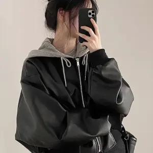 LnD 여성 후드 레더자켓 박시핏 페이크레더 점퍼 항공점퍼 가죽자켓 루즈핏