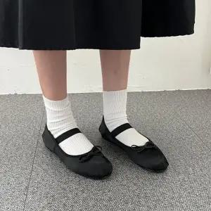 라운드 새틴 셔링 리본 장식 밴딩 메리제인 플랫 여성구두