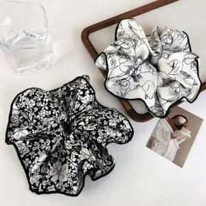 배색 라인 플라워 패턴 곱창밴드 편한 배색 패턴 곱창밴드 URK 쉬폰머리끈 헤어슈슈