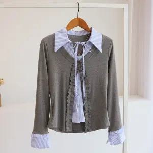 [잇수다] 라라즈 리본 스트라이프 셔츠 레이어드 프릴 니트 가디건