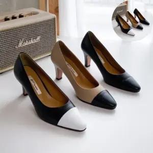 여성하이힐 소가죽 펌프스힐 여성 미들힐 배색포인트 데일리구