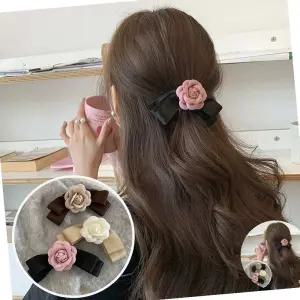 여성 배색 칼라감 꽃송이 리본 헤어 머리 집개핀 클립핀