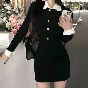 여성 하객룩 드레스 슬림핏 미니 블랙 원피스 블랙원피스 금장원피스