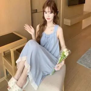 여성 민소매 홈웨어 미디 파자마 원피스 밴딩 레이스 (WE8927D)