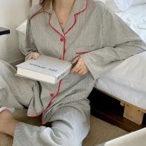 LOTO-44 레드 버튼 스트라이프 긴팔 잠옷세트 선물 면잠 셔츠 상하