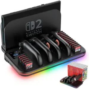 닌텐도 스위치 2 조이콘용 충전 도크 조이콘 컨트롤러용 RGB 도킹 스테이션 18개의 게임 카드 슬롯이 있는