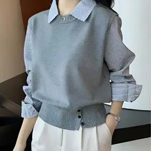 셔츠 조끼 투피스효과 레이어드 페이크 스트라이프 니트