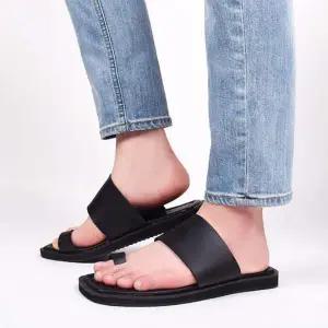 남성 가죽 슬리퍼 블랙 스퀘어 아웃솔 쪼리 샌들