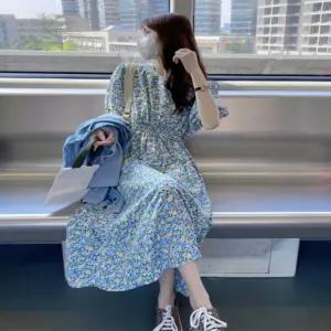 여자 데일리 블루 플라워 반팔 원피스 D33 jnC3+9flE