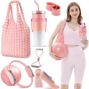 11.81인치 서클 9.84인치 요가볼 저항 밴드 초보자를 위한 Poen 7Pc 필라테스 에센셜 키트 여성 홈트레이닝 장비 링 및 볼 세트