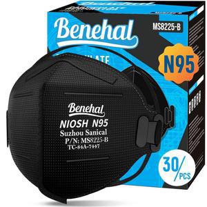 베네할 NIOSH 승인 N95 마스크 미립자 , 30개의 팩, 개별 포장, 검은색