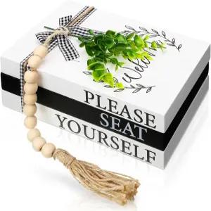 카포다 3종 가정용 장식 도서 농가용 인조 스택 북스 나무 소박한 테이블 장식과 구슬 갈랜드 트윈 리본 잎