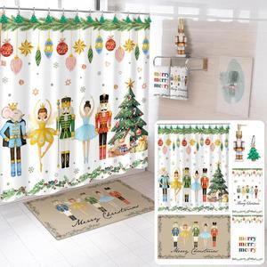 크리스마스 호두까기 인형 욕실 장식 세트 17개에는 12개의 후크와 비누가 포함된 샤워 커튼과 로션 디스펜서 논 슬립 목욕 매트 러그 2개의 면 타월이 포함되어 있습니다. 선물 액세서리는 다음과 같습니다
