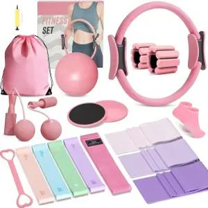 FiitDavz 홈 필라테스 키트 20 PCS 링과 볼이 있는 장비 9 레벨 저항 밴드 줄넘기 발목 웨이트 슬라이더 및