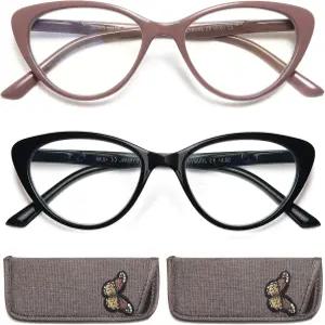 여성용 울 고양이 안경 - 블루 라이트 차단 컴퓨터 리더기 2팩 0.00 스프링 힌지 눈부심 방지/UV 광선