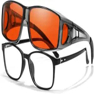 뷰베터 안티 99.99 블루라이트 차단 안경을 안경 위에 씌우고 앰버 오렌지 컴퓨터 게이밍 랩어라운드 핏을