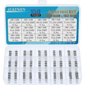 아우케니엔 15개입 유리 퓨즈 세트 250V 5x20mm 슬로우 블로우 T1.25A ~ 6.3A F 0.1A 10A 키트