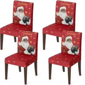 호랄데일리 4PCS 크리스마스 다이닝 의자 커버 블랙 산타 스트레치 탈착식 세탁 가능 슬립커버 보호대 룸