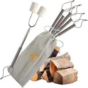 나무 손잡이가 달린 불 구덩이용 마시멜로 로스팅 스틱 길이 41인치 텔레스코핑 SUS304 스테인리스 스틸