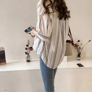 여성 스트라이프 셔츠 루즈핏 가오리핏 퍼프 여성 린넨 블라우스 여름