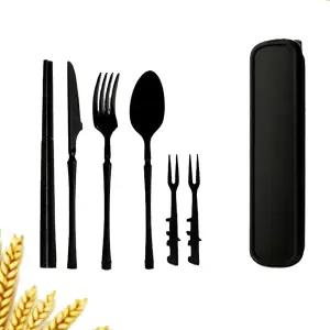 밀짚 휴대용 식기 재사용 가능한 여행용 세트 - 직장 플라스틱 또는 일상용 도시락 세트(블랙)