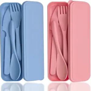 케이스 포함 여행 도구 2종 세트 도시락용 재사용 가능한 플라스틱 포크 숟가락 및 나이프 피크닉용 휴대용