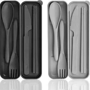 케이스 포함 플라스틱 재사용 가능한 식기 세트 2종 도시락용 여행용 젓가락 포크 스푼 나이프 캠핑용