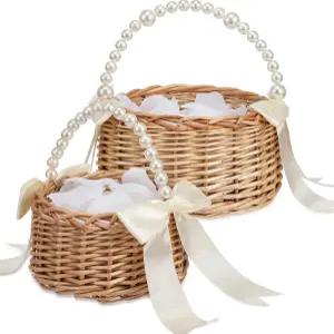 콜링밀 플라워 걸 바구니 세트 작은 진주 손잡이 피크닉 꽃 선물 2개와 보우 위커 보관함이 있는 부활절