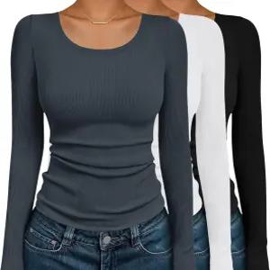 에쿠아르 여성 보온 언더셔츠 넥 티 레이어링 스쿱 3팩 상의 긴팔 셔츠 XS-XXL 골지 소프트