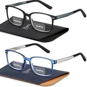 이지 리딩 2쌍 남성용 TR90 이중 초점 독서 안경 사각형 스포츠 블루 라이트 차단 리더 스프링 힌지 포함