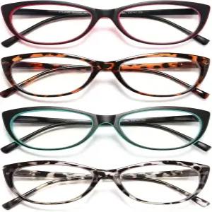 여성용 우를 4팩 고양이 안경 블루라이트 차단 리더 경량 스프링 힌지 안티 스트레인 UV 패션 +0.50