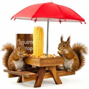 GACREU 다람쥐 모이통 피크닉 테이블 ？ 우산 배수 및 공기 흐름이 있는 나무 벤치 옥수수와 견과류를 위한