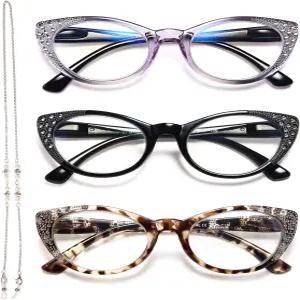 여성용 유알 3팩 고양이 눈 독서 안경 블루 라이트 글래스 패션 컴퓨터 리더기 스프링 힌지 안티 글레어
