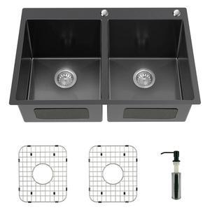 블랙 더블 볼 싱크 - 50/50 33x22x9 인치 탑 마운트 스테인리스 스틸 드롭 인 그리드 비누 디스펜서 배수 스트레이너 포함