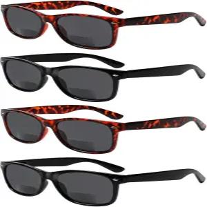 섬킬 4팩 이중 초점 독서 안경 그레이 렌즈 스프링 힌지 야외 선글라스 패션 선 리더 남성용 (2Black2Demi