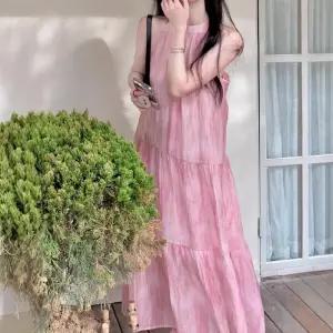 여성용 원피스 스커트 여름 분홍 민소매 프렌치 뷰티 홀터넥 미디스커트 해변 나염 원픽1