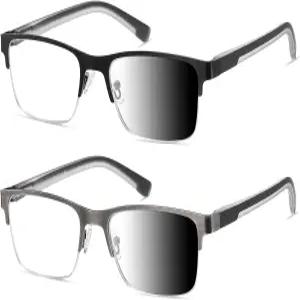 PUBOWT 독서 안경 남성 포토크로믹 렌즈 블루 라이트 리더 와이드 메탈 하프 프레임 스타일 선 틴티드 웨어