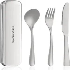 티타늄 식기 여행 세트 스푼 포크 나이프 재사용 가능 사무실 및 야외 식사에 적합한 휴대용 도시락