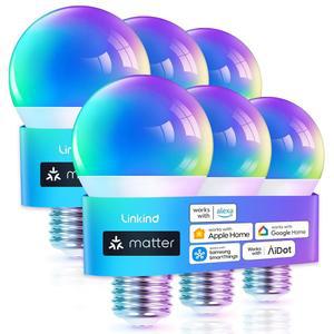 Linkind Matter 스마트 전구 WiFi 홈 Alexa Google SmartThings RGBTW 색상변경 무드 조명 음악 동기화 A19 E26 60W 2.4Ghz 6 팩과 함께 사용하세요