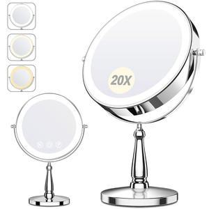조명이 있는 WOOCICA 배니티 미러 9인치 조명 메이크업 1배/20배 양면 5000mAh 충전식 3가지 컬러 디밍 가능 LED 스킨케어용 360 회전 데스크