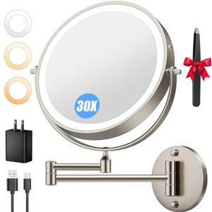 9인치 30배/1배 벽걸이 조명 메이크업 미러 5000mAh 충전식 양면 (빛 포함) 베니티 터치 디메이블 3가지 색상 360 회전 확장 접이식 암 전원 어댑터